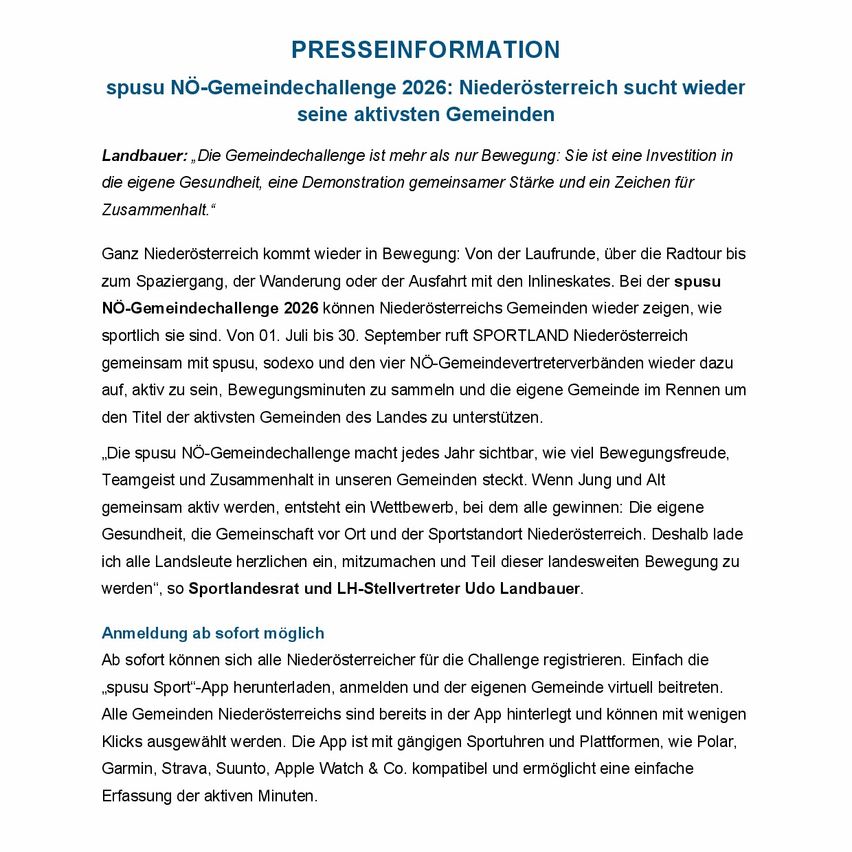 PRESS INFORMATION spusu NO-Gemeindechallenge 2026: Niederosterreich seeks again its active communities. The challenge is more than movement: an investment in health, strength and community. Registration is open for all Lower Austrians. Register via the spusu Sport app.