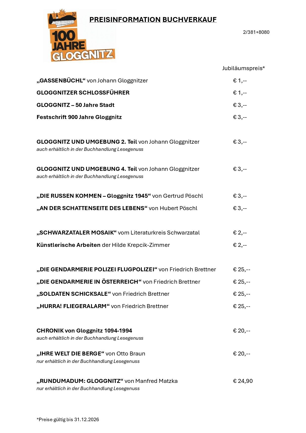 Document shows a list of books and prices. Titles include Gassenbuch, Gloggniter Schlossfuhrer, Festschrift 900 Jahre Gloggnitz, Gloggnitz and Umgebung, and more.
