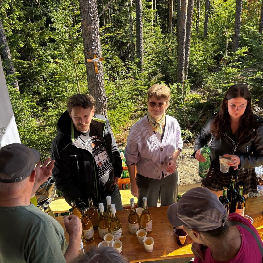 Eine Gruppe von Menschen versammelt sich um einen Tisch im Wald, möglicherweise für eine Weinverkostung.