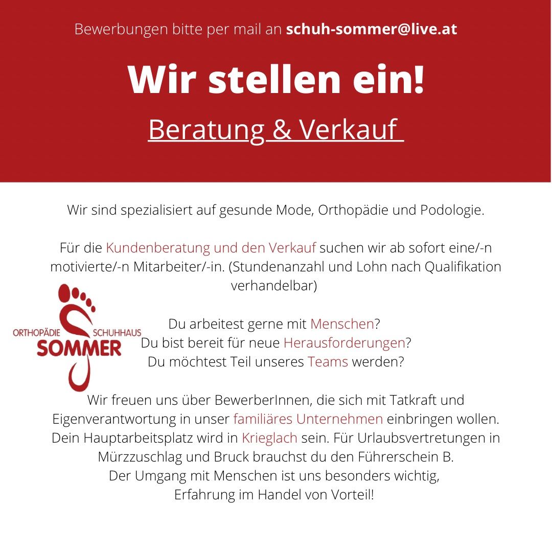 The company specializes in healthy fashion, orthopedics, and podiatry. They seek motivated employees for customer advice and sales. The main workplace is in Krieglach. Drivers license B and experience in retail are advantageous.