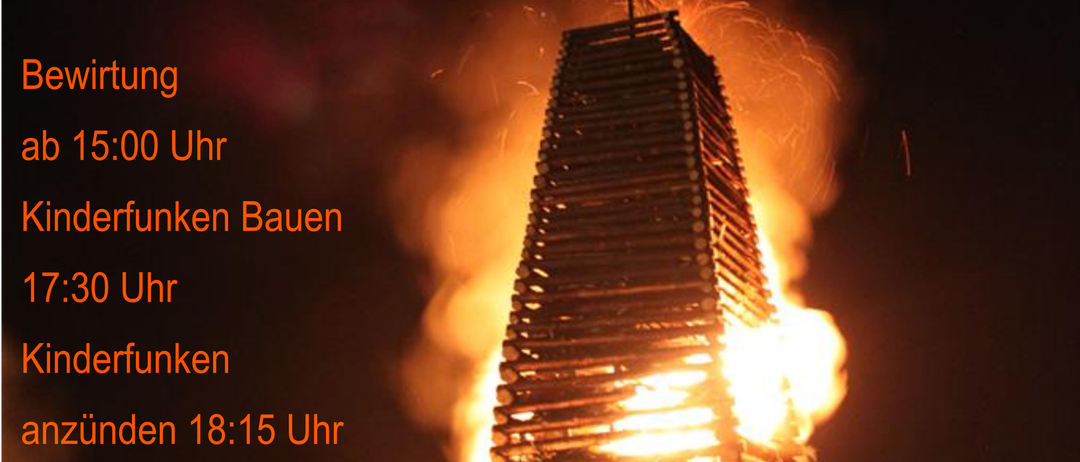 Veranstaltung am Samstag, 21. Februar, ab 15:00 Uhr. Kinderfeuer werden um 17:30 Uhr gebaut und um 18:15 Uhr entzündet. Das Feuer wird um 19:00 Uhr mit einem Funkenbar gelöscht.