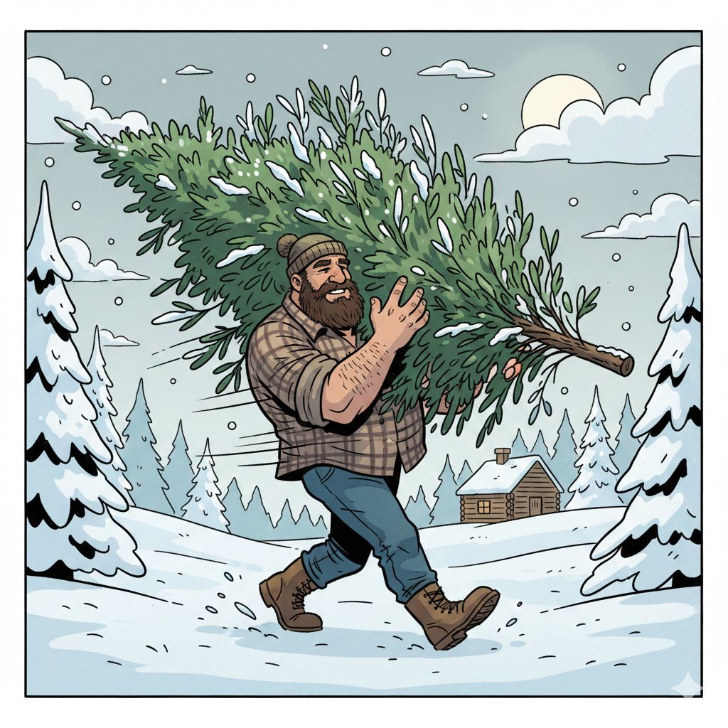 Ein Mann trägt einen großen Weihnachtsbaum durch eine verschneite Landschaft. Er trägt ein kariertes Hemd, Jeans und Stiefel. Hinter ihm sind verschneite Bäume und eine Holzhütte zu sehen.