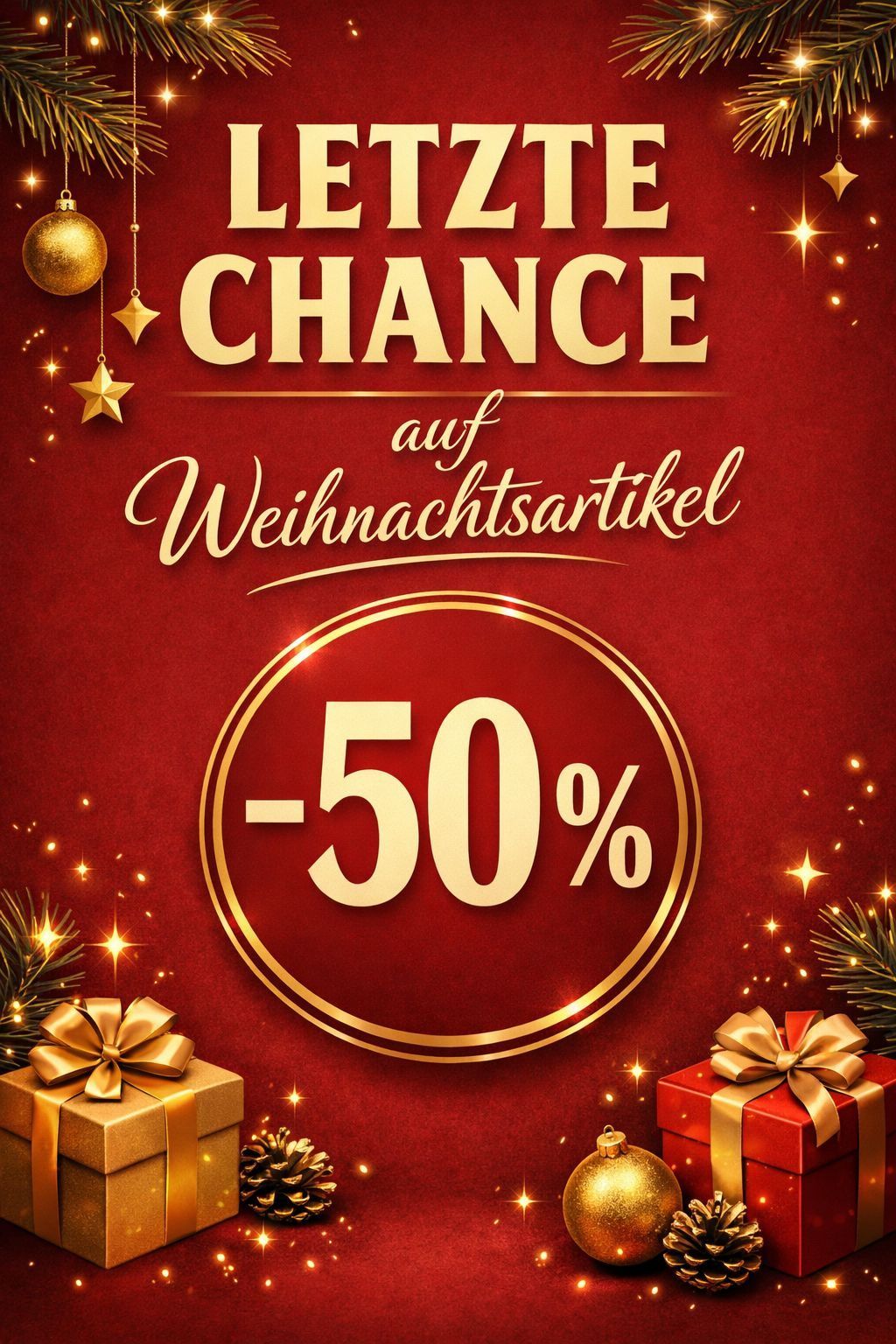 Ein roter Hintergrund zeigt '50% Rabatt' auf Weihnachtsartikel mit goldenen Sternen und einer goldenen Schleife. Es gibt zwei Geschenkboxen mit goldenen Schleifen auf beiden Seiten.
