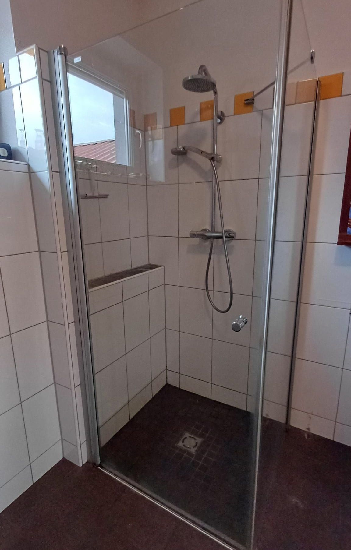 Ein kleines gefliestes Badezimmer mit einer Glasdusche, einer Duschbrause und einem Fenster über einem Dach.