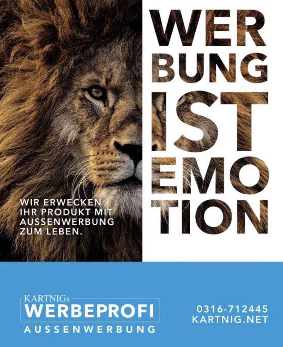 Ein Poster mit dem Gesicht eines Löwen und den Worten 'Werbung ist Emotion' in fetten Buchstaben. Unten steht der Slogan 'Wir erwecken Ihr Produkt zum Leben', eine Kontaktnummer '0316-712445' und ein Logo für Kartnig's Werbeprofi.
