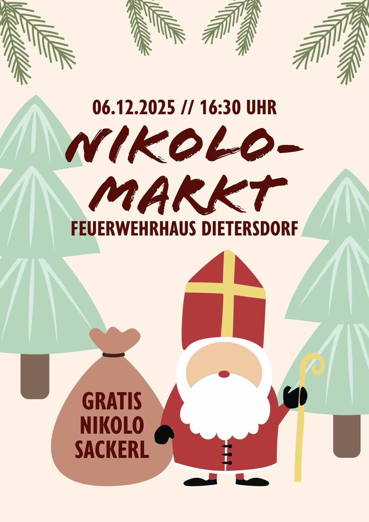 Plakat für Nikolo-Markt am 6. Dezember 2025 um 16:30 Uhr. Es zeigt den Weihnachtsmann, einen Sack und Tannenbäume. Der Weihnachtsmann hält einen Stab, und es gibt ein kostenloses Nikolo-Angebot.