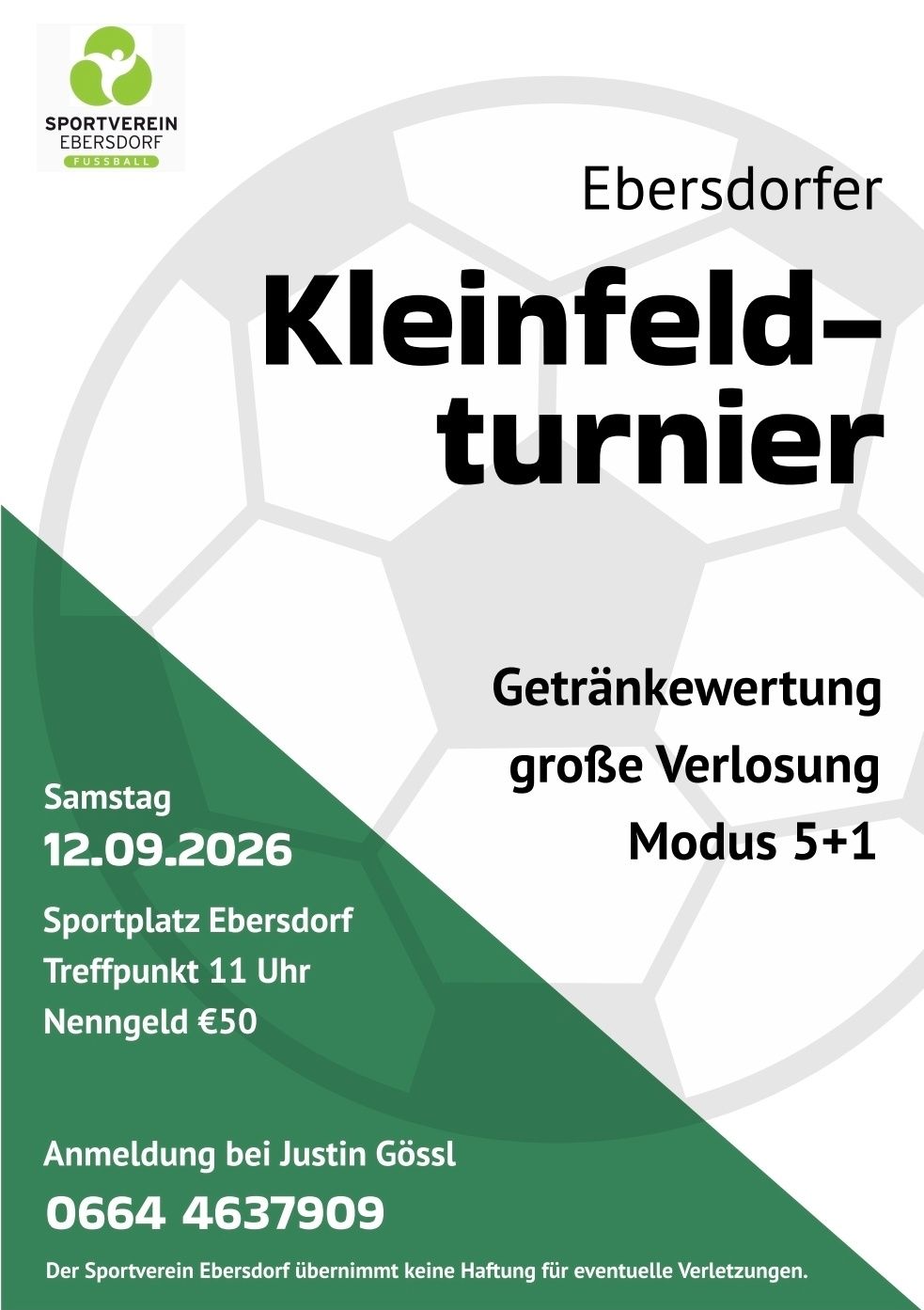 Poster for a Kleinfeld-Turnier event on Saturday, September 12, 2026, at Sportplatz Ebersdorf. The event includes a beverage evaluation, a large loss, and Modus 5+1. The meeting point is at 11 AM, and the entry fee is 50 Euros.