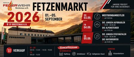 Poster for the Fettzenmarkt event from September 1st to 5th, featuring a scenic mountain backdrop and a building with solar panels. The schedule includes activities from Thursday to Sunday with specific times and locations.