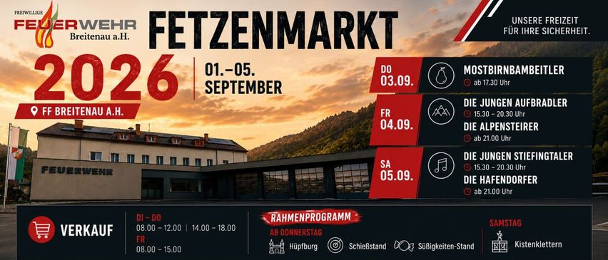 Poster for the Fettzenmarkt event from September 1st to 5th, featuring a scenic mountain backdrop and a building with solar panels. The schedule includes activities from Thursday to Sunday with specific times and locations.