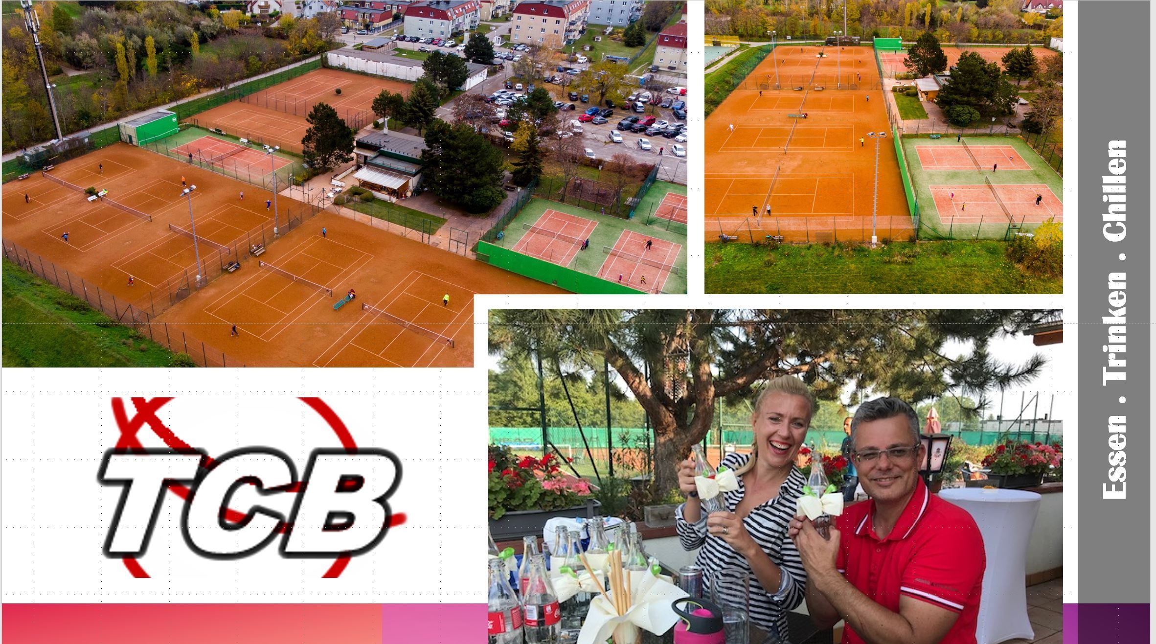 Ein Luftbild von Tennisplätzen mit Spielern und Zuschauern, einem Logo und einem Foto von zwei Personen mit Getränken.