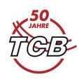 Das Logo zeigt '50 Jahre TCB' in einer stilisierten Schrift mit einem Basketball-Grafik im Hintergrund. Das Logo hat ein rotes und weißes Farbschema.