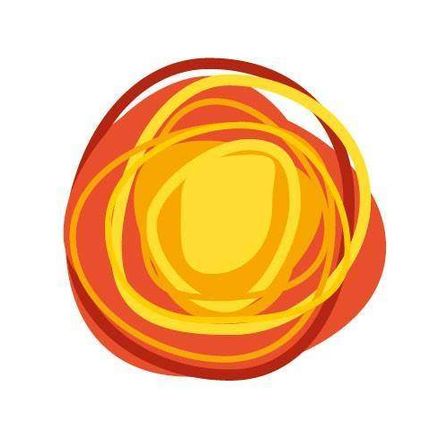 Ein abstraktes Sonnendesign mit konzentrischen Kreisen in Gelb- und Rottönen auf weißem Hintergrund.