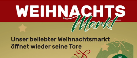 Weihnachtsmarkt-Werbeanzeige öffnet am 6. bis 8. Dezember 2025. Genießen Sie festliche Produkte, Mahlzeiten, Kaffee und herzwärmende Kleinigkeiten.