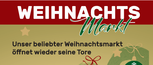 Weihnachtsmarkt-Werbeanzeige öffnet am 6. bis 8. Dezember 2025. Genießen Sie festliche Produkte, Mahlzeiten, Kaffee und herzwärmende Kleinigkeiten.