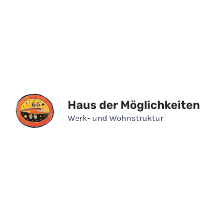 Ein Logo mit einem kreisförmigen Design, das eine stilisierte Abbildung von Menschen und den Text 'Haus der Moglichkeiten' darüber zeigt, mit 'Werk- und Wohnstruktur' darunter geschrieben.