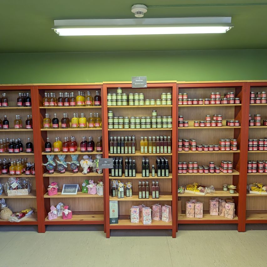 Ein Geschäft mit Regalen gefüllt mit verschiedenen Flaschen, Gläsern und Geschenkartikeln. Die Regale sind aus Holz mit roten Rahmen. Die Decke hat ein helles weißes Licht. Die Wände sind grün.