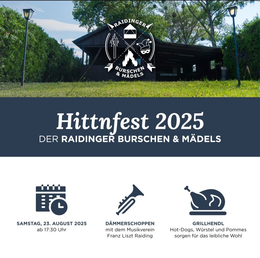 Werbeposter für das Festival 2025 der Raidinger Burschen & Madels. Es zeigt ein rustikales Haus, ein Logo und drei Symbole: einen Kalender, eine Trompete und ein Huhn. Der Kalender zeigt Samstag, 23. August 2025. Das Trompetensymbol deutet auf Musik von Franz Liszt Raiding hin. Das Huhn-Symbol steht für Essen.