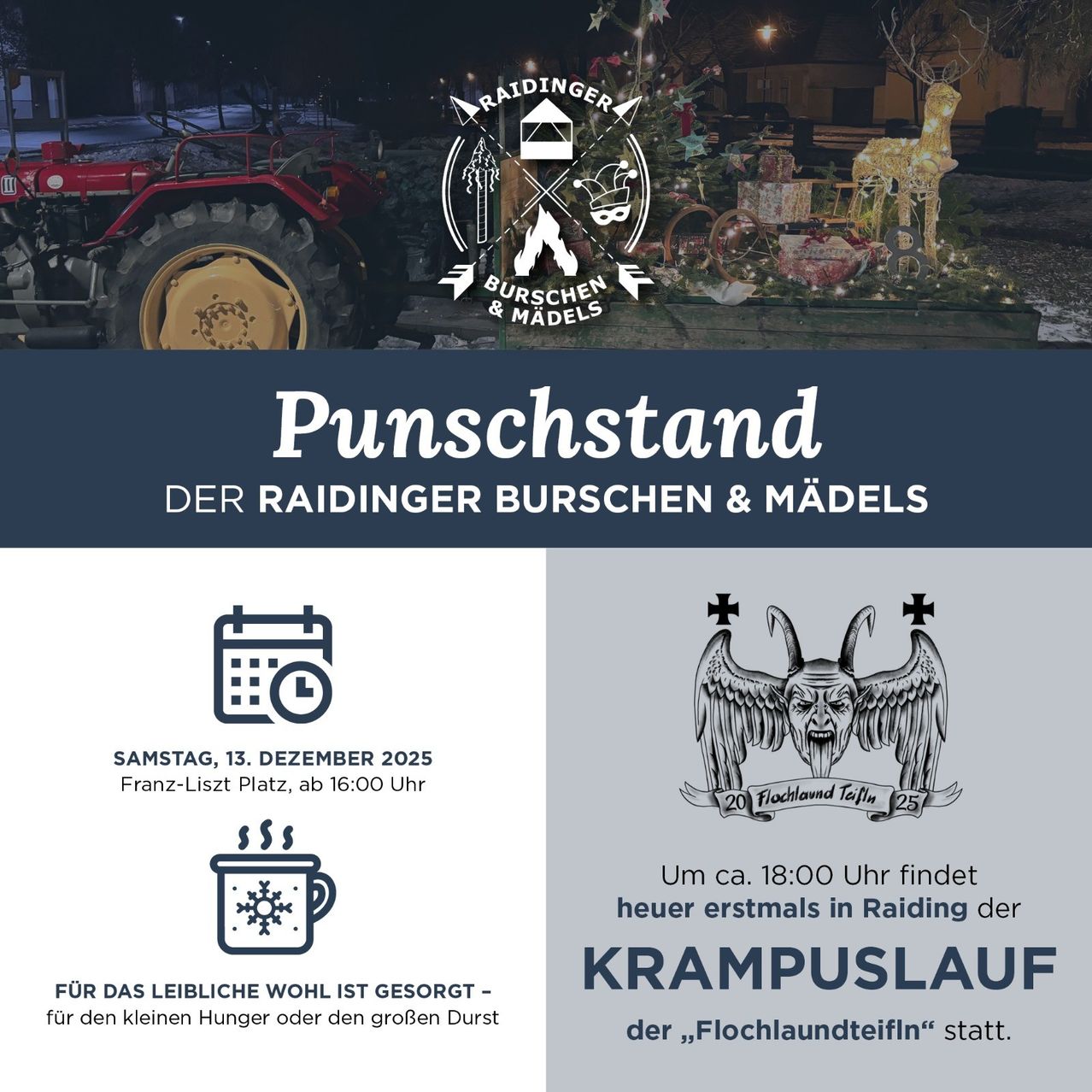 Werbung für den Punschstand der Raidinger Burschen und Madels am 13. Dezember 2025 auf dem Franz-Liszt Platz. Zeigt einen roten Traktor, ein Logo und Illustrationen von Krampus und einem Becher. Der Text lädt zu der Krampuslauf-Veranstaltung in Raiding ein.