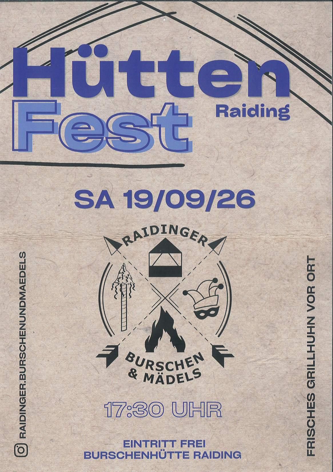 Plakat für das Huttens Fest Raiding-Event am 19. September 2026. Enthält ein Logo mit Haus, Baum, Feuer und Narrenmaske.