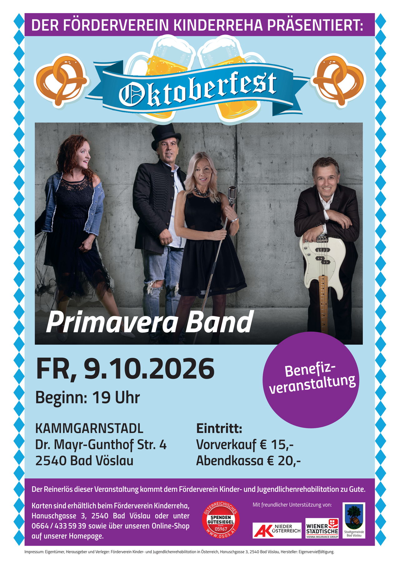 Plakat für die Aufführung der Primavera Band beim Oktoberfest in Kammgarnstadt am 9. Oktober 2026. Die Veranstaltung beginnt um 19 Uhr. Der Eintritt kostet 15 Euro vor dem Verkauf und 20 Euro an der Abendkasse.
