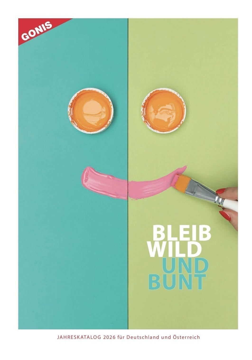 Zwei kleine Becher mit orangefarbener Farbe auf grünem Hintergrund. Eine rosa Linie und ein Pinsel mit weißen und orangefarbenen Borsten. Der Text lautet Bleib Wild und Bunt.