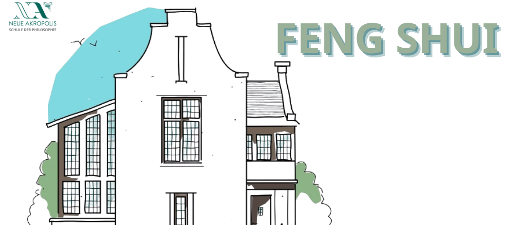 Eine Illustration eines Hauses mit dem Wort 'FENG SH' oben. Das Haus hat viele Fenster und einen Schornstein.