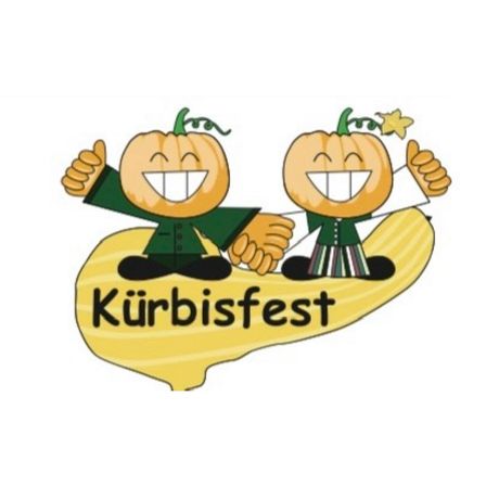 Zwei Kürbisse in grüner Kleidung geben sich die Hand über einem gelben Kürbis. Darunter steht das Wort 'Kürbisfest'.