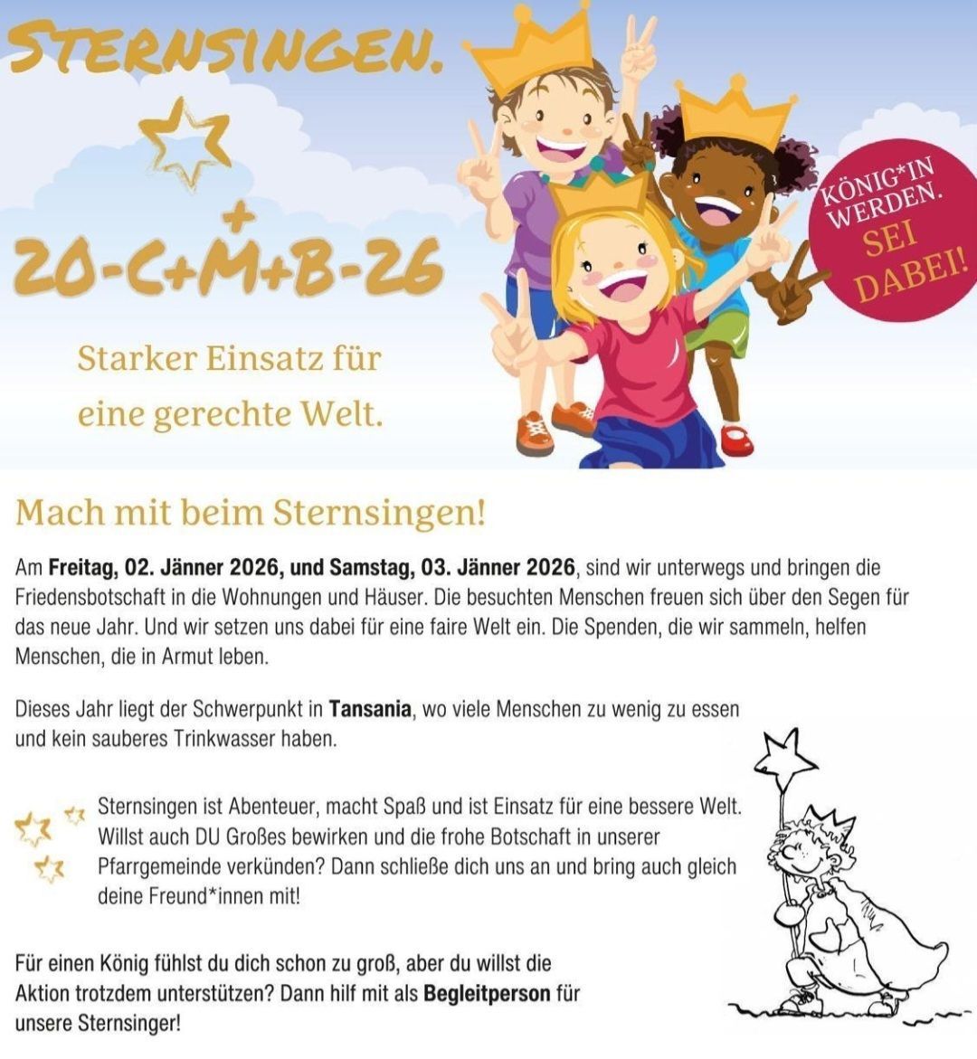 Werbung für das Sternsingen-Event am 2. und 3. Januar 2026 mit Kindern in Kronen. Fokus auf Tansania, wo viele Menschen wenig zu essen haben und kein sauberes Trinkwasser. Ziel ist es, eine Botschaft der Hoffnung zu verbreiten und Spenden für eine gerechtere Welt zu sammeln.
