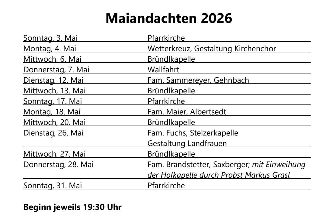 Das Bild zeigt eine Liste von Veranstaltungen im Mai 2026, einschließlich verschiedener Familiennamen und Orte für jede Veranstaltung, alle um 19:30 Uhr.