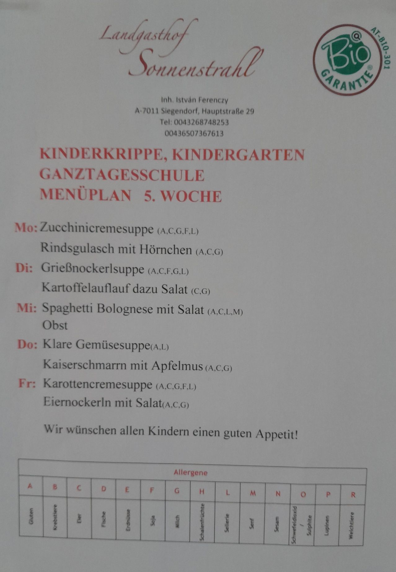 Wöchenlicher Menüplan für Kinderkrippe, Kindergarten und Ganztagesschule. Zucchinicremesuppe, Rindergulasch und mehr. Allergieinformationen verfügbar.