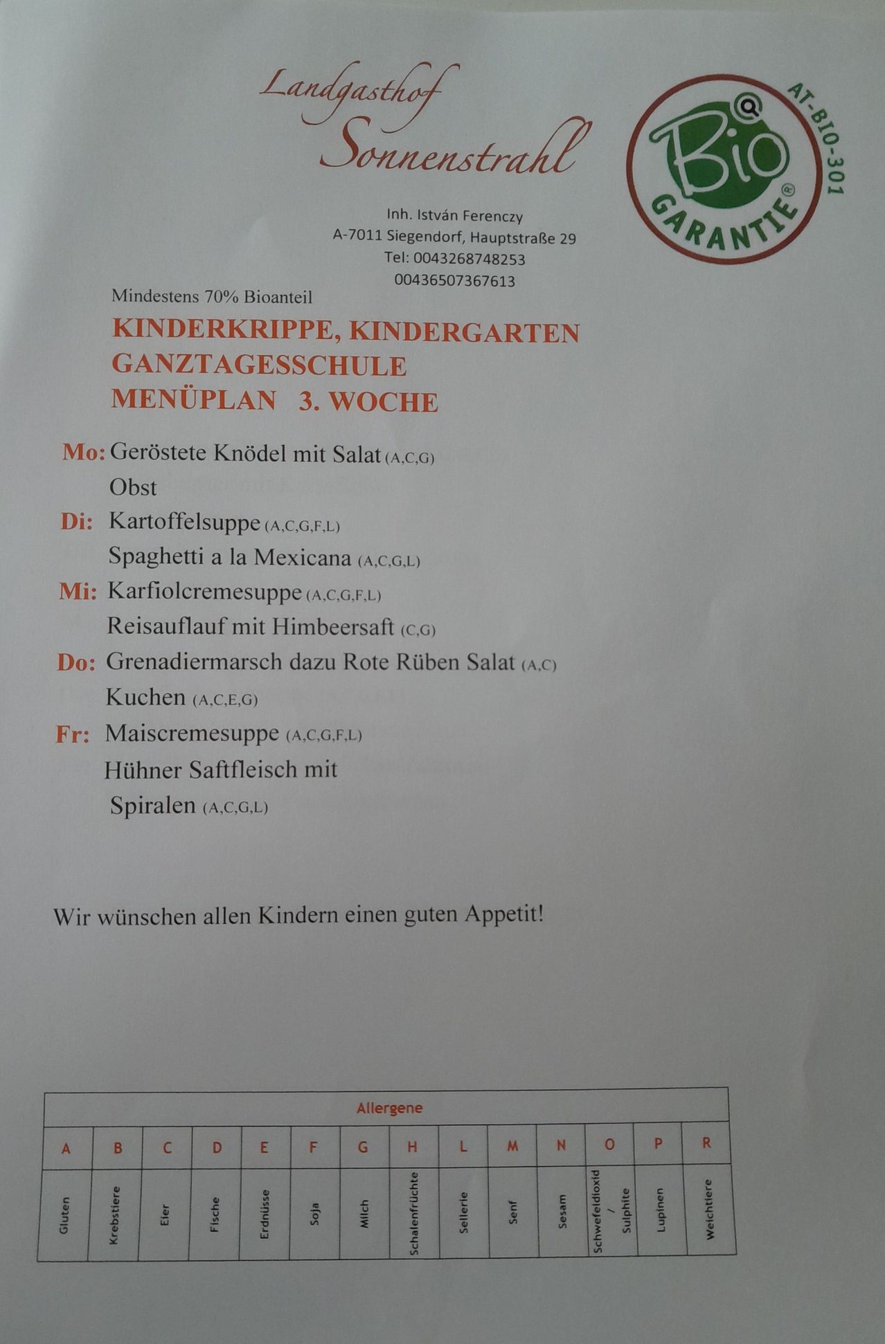 Menu plan for Kinderkrippe, Kindergarten Ganztagesschule for week 3. Monday: Gärtete Knödel with salad. Tuesday: Potato soup. Wednesday: Spaghetti a la Mexicana. Thursday: Cauliflower cream soup. Friday: Rice with a hint of honeysuckle. We wish all children a good appetite.