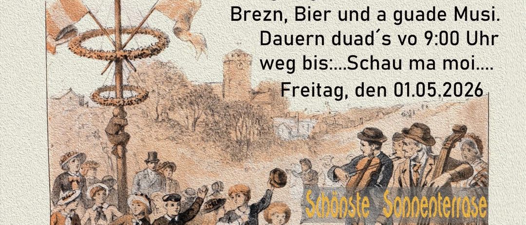 Vintage-Stil-Illustration von Menschen, die um einen Maibaum tanzen, mit Musik und Essen, beim Maibaum Aufstoen-Event am 1. Mai 2026 im Cafe Bar Sole.