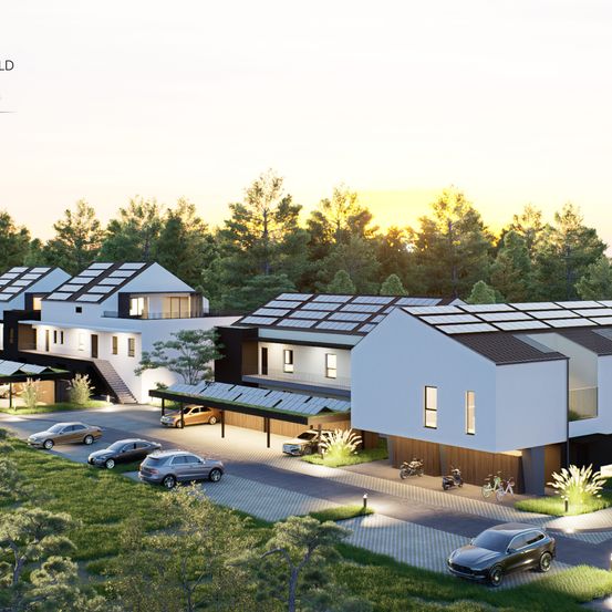 Eine Luftaufnahme einer modernen Wohngegend mit Solarpanelen auf den Dächern der Häuser, vor dem Hintergrund üppiger Bäume. Mehrere Autos sind auf der Einfahrt geparkt.