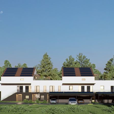 Eine künstlerische Darstellung einer Reihe moderner Häuser mit Solarpanelen auf dem Dach, vor dem Hintergrund grüner Bäume und blauem Himmel.