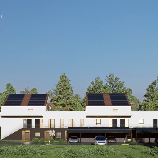 Eine künstlerische Darstellung einer Reihe moderner Häuser mit Solarpanelen auf dem Dach, vor dem Hintergrund grüner Bäume und blauem Himmel.
