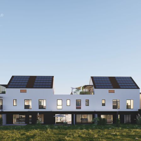Eine Illustration eines modernen Hauses mit Solarpanelen auf dem Dach und großen Fenstern, umgeben von Grün.
