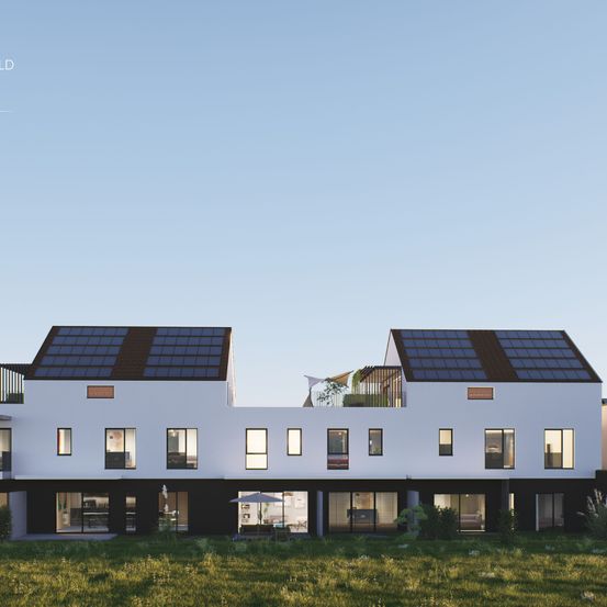 Eine Illustration eines modernen Hauses mit Solarpanelen auf dem Dach und großen Fenstern, umgeben von Grün.