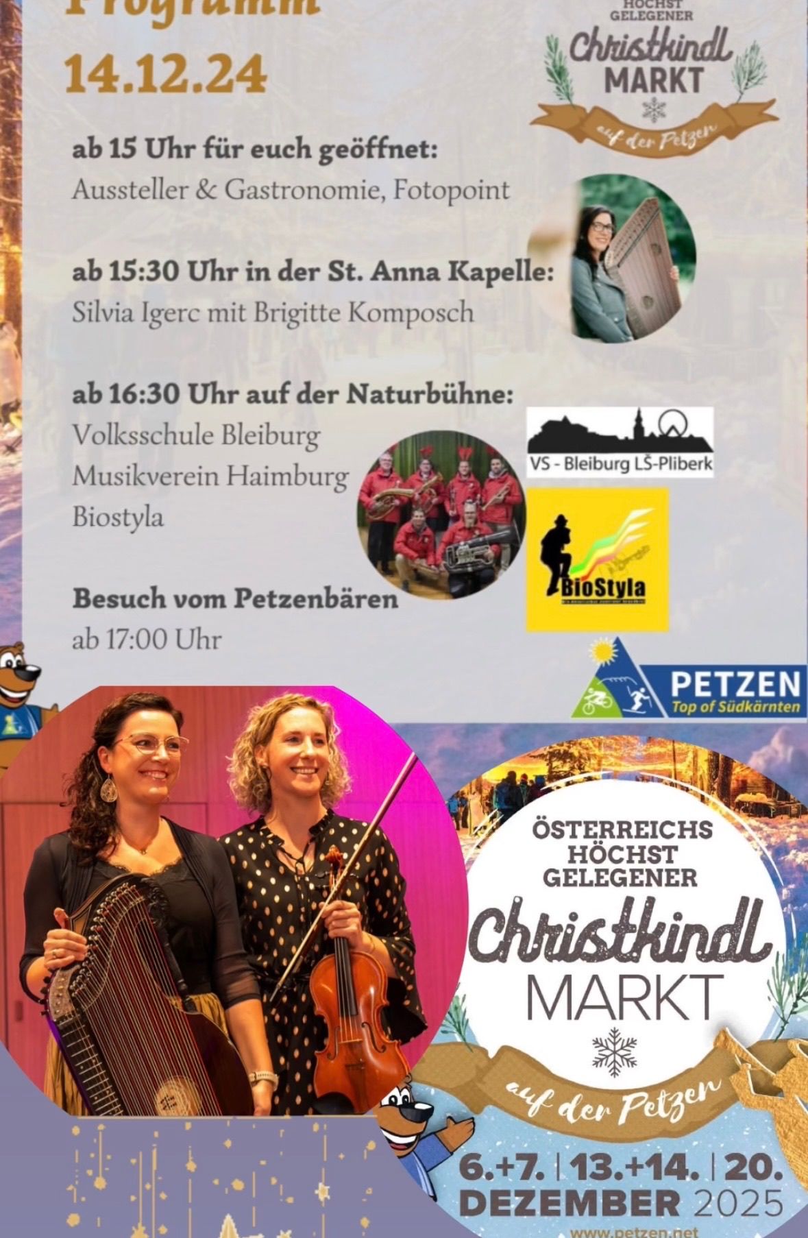 Ein Plakat mit zwei Frauen, eine hält eine Geige und die andere eine Harfe. Sie lächeln und schauen in die Kamera. Der Plakat enthält auch ein Logo und den Text 'Österreichs höchstgelegener Christkindlmarkt'. Es gibt auch Zeitpläne für Veranstaltungen.