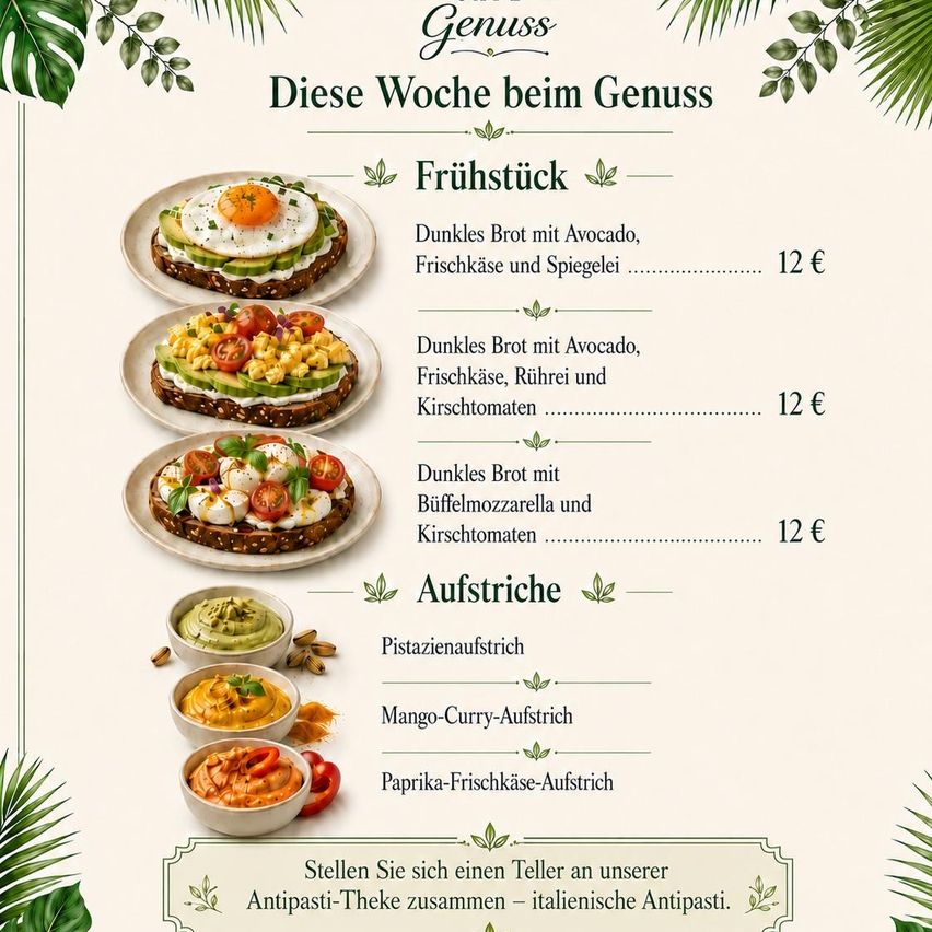 Wocheliche Speisekarte im Genuss-Restaurant. Frühstücksoptionen beinhalten Toast mit Avocado, Käse und Eiern. Drei Variationen kosten 12€. Zum Mittagessen gibt es eine Auswahl an Aufstrichen wie Pistazien, Mango-Curry und Paprika-Gurken. Zusätzlich sind italienische Antipasti erhältlich.