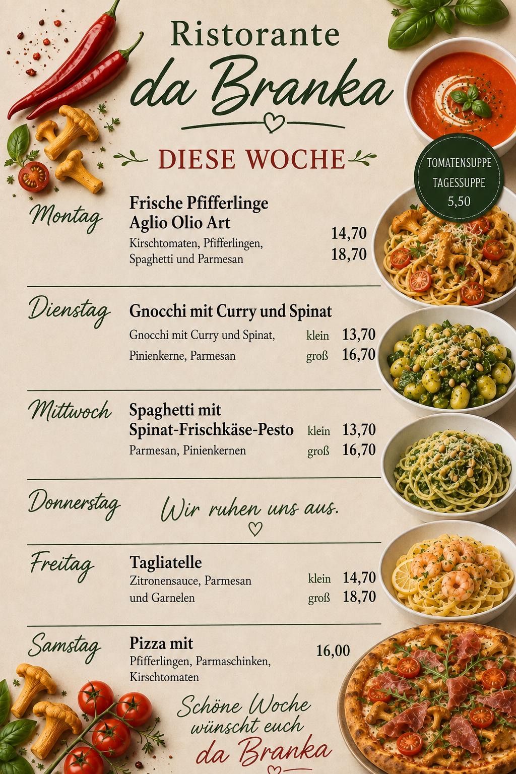 Wöchenliches Menü mit Gerichten wie frischer Garnelen-Linguien, Gnocchi mit Curry und Spinat und Tagliatelle mit Garnelen und Knoblauch. Preise sind für kleine und große Portionen aufgeführt.
