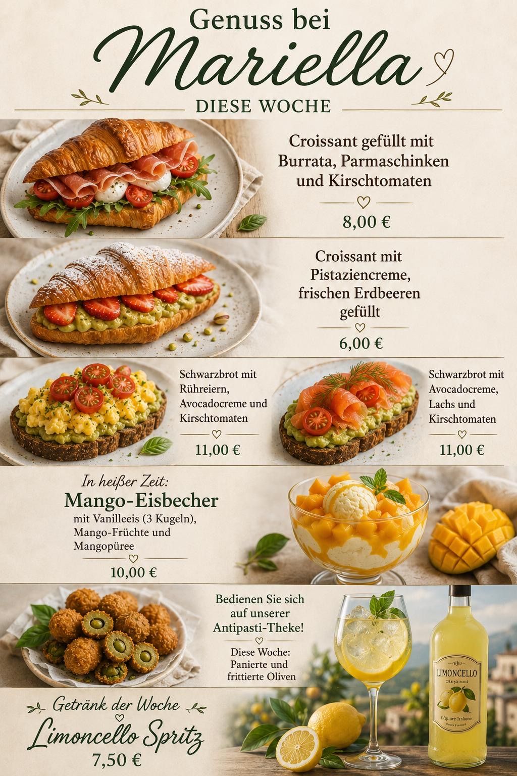 Ein Menü mit Croissants mit verschiedenen Füllungen, einschließlich Burrata, Pistaziencreme und Räucherlachs, zusammen mit einem Gericht aus Rührei mit Avocadocreme und einem Dessert aus Mangoeis mit Mangopüree.