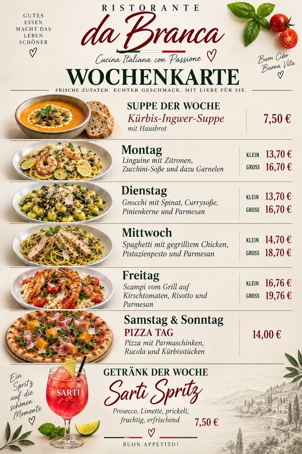 Weekly menu featuring a variety of dishes including soup, pasta, and pizza. Prices listed for small and large portions.