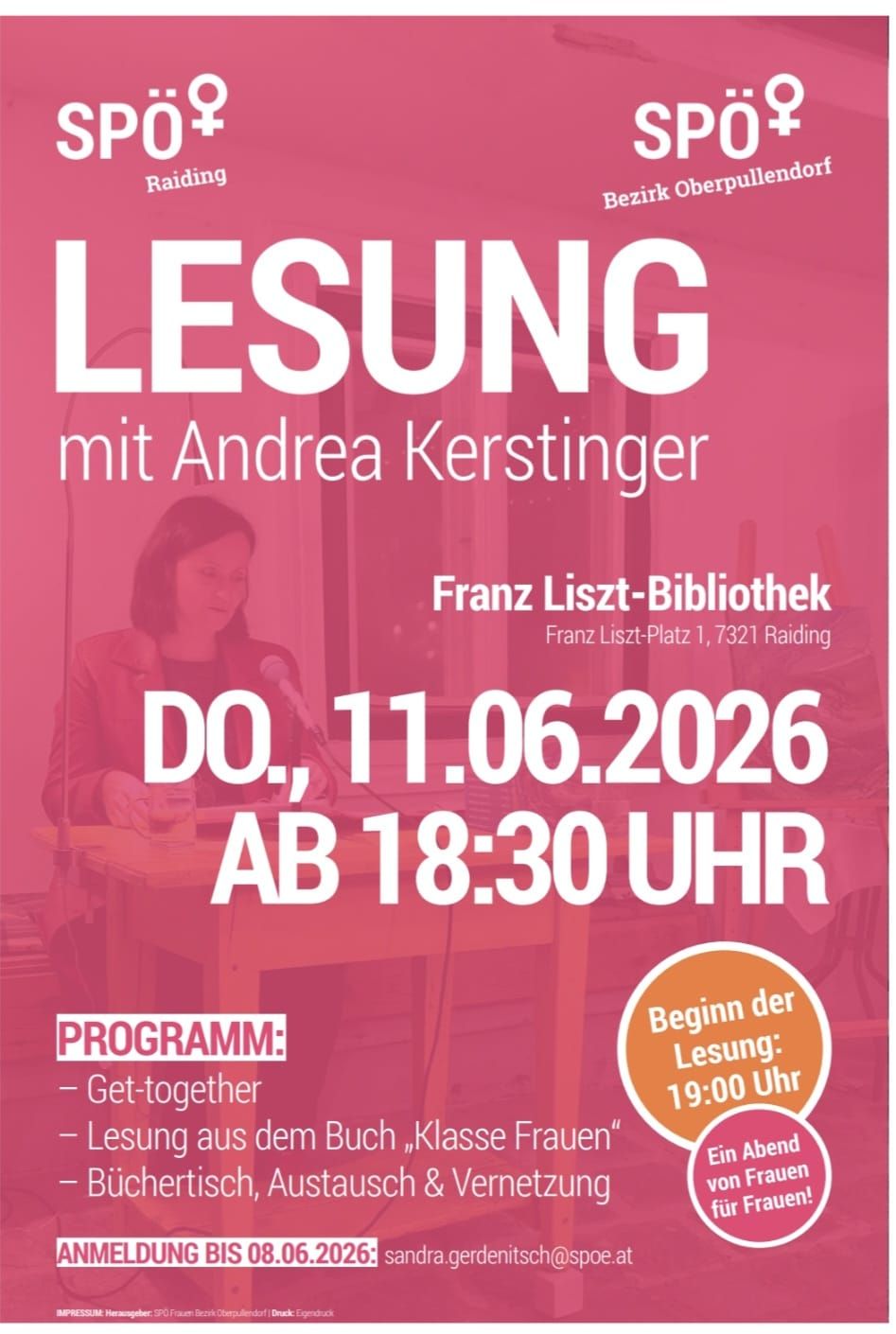 Poster for a reading event with Andrea Kerstinger on June 11, 2026, at 6:30 PM. The event is held at the Franz Liszt-Bibliothek.