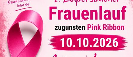 Plakat für Pink Ribbon Wohltätigkeitsveranstaltung am 10. Oktober 2026, mit einem rosa Band und Details zu Lauf- und Gehzeiten, Entfernung und Anmeldung. QR-Code für weitere Informationen.
