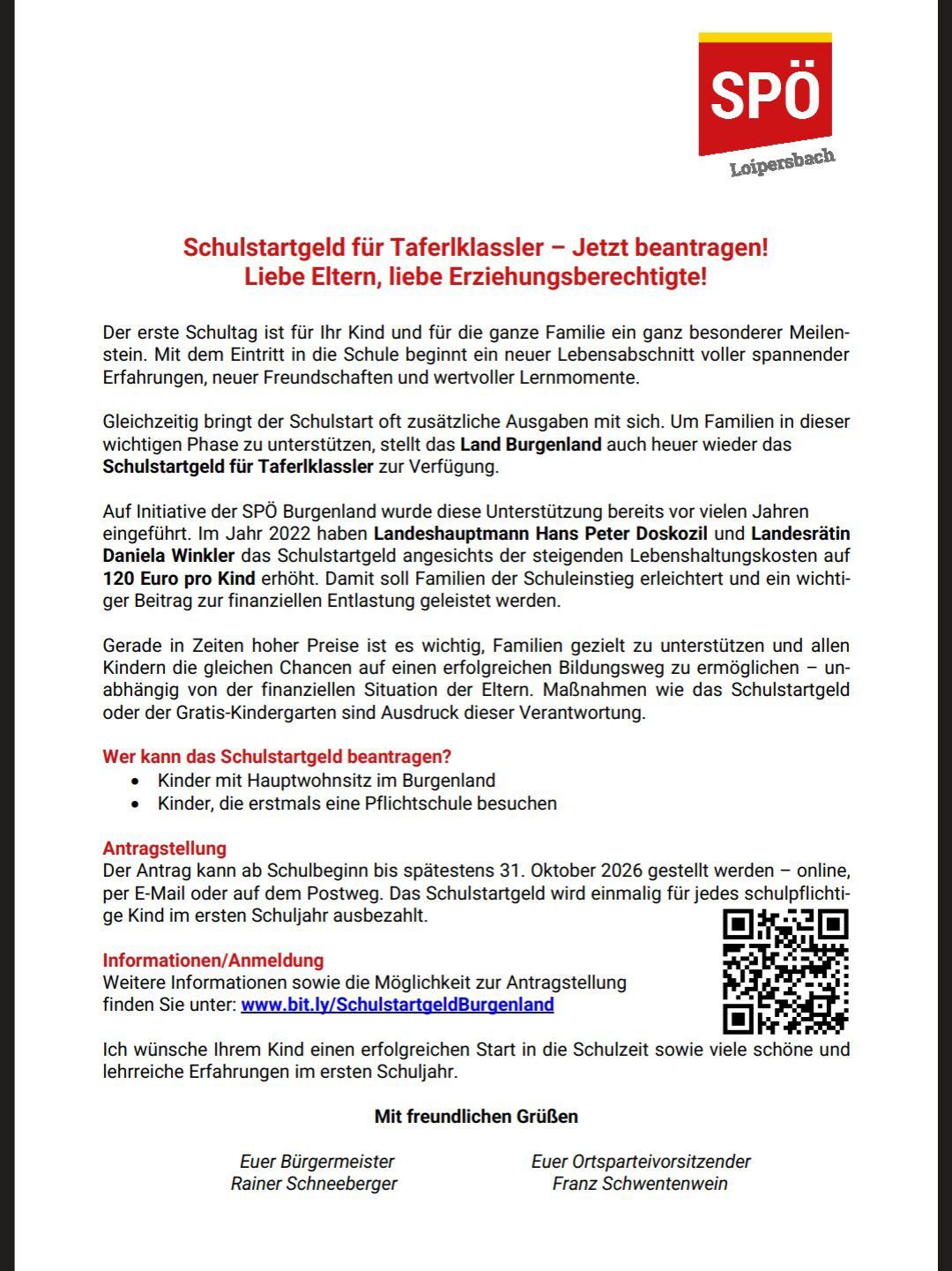 Ein Flyer über das Schulstartgeld für Erstklässler in Burgenland, Österreich. Er betont die Bedeutung des ersten Schultages für Kinder und Familien, die zusätzlichen Ausgaben, die damit einhergehen, und das von der Regierung bereitgestellte Stipendium zur Unterstützung von Familien. Der Zuschussbetrag wurde auf 120 Euro pro Kind erhöht. Der Flyer gibt auch Informationen darüber, wer das Schulstartgeld beantragen kann und wie man es beantragt.