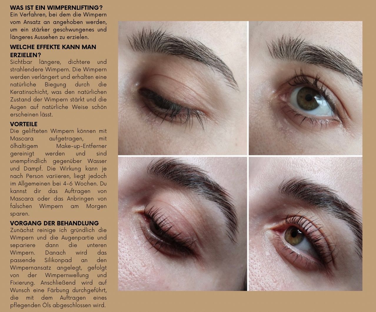 Das Bild zeigt Vorher-und-Nachher-Fotos einer Augenbrauenliftingbehandlung. Die Vorher-Bilder zeigen dünnere und schlaffere Augenbrauen. Die Nachher-Bilder zeigen dickere, vollere und angehobene Augenbrauen. Die Behandlung beinhaltet das Auftragen eines Produkts und dessen Einmassieren in die Augenbrauen.