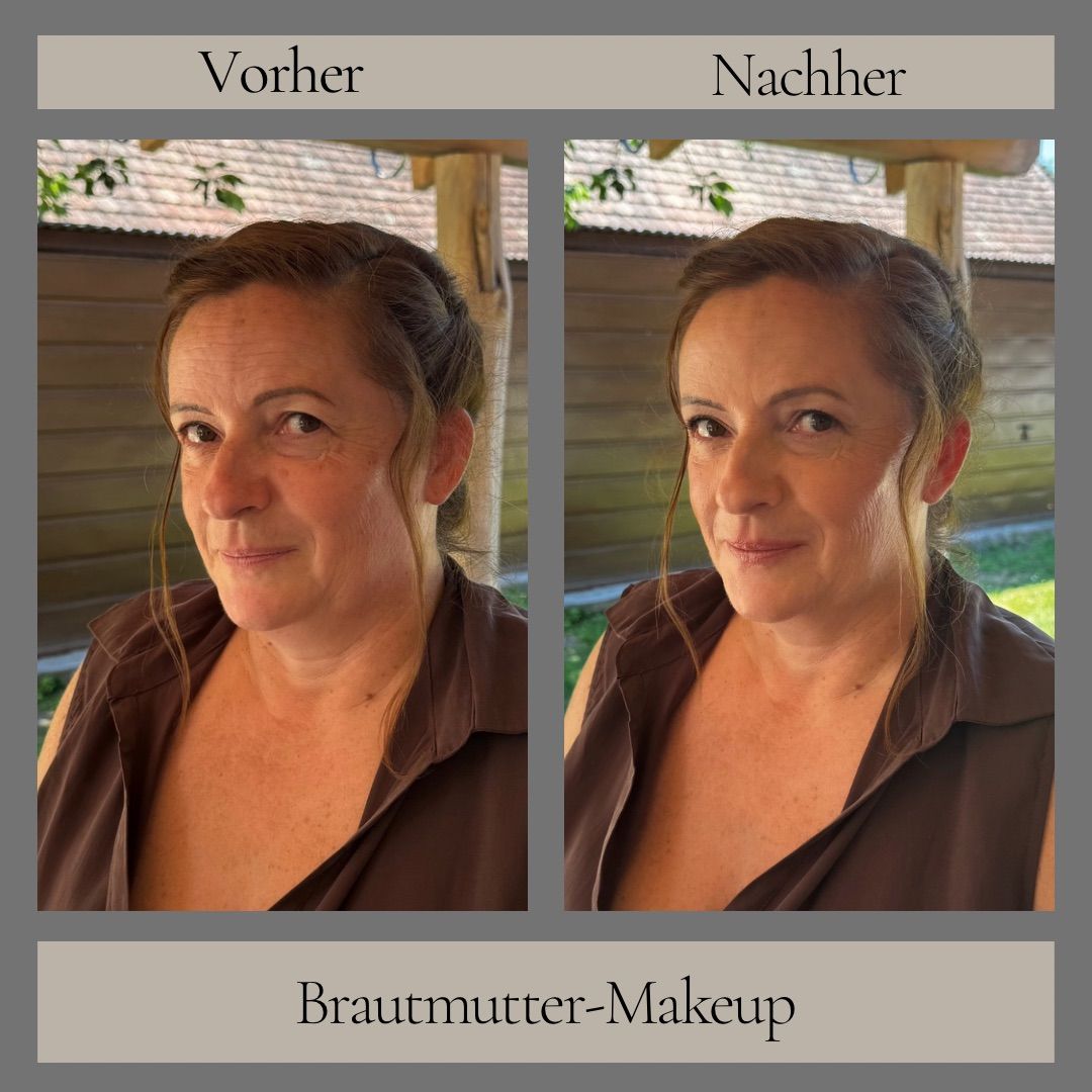 Zwei Bilder einer Frau vor und nach dem Make-up. Die Frau trägt ein braunes Oberteil. Sie hat einen natürlichen Look vor und einen glamourösen Look danach.