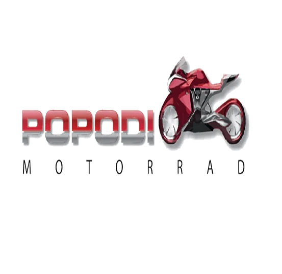 Das Logo von Popodi Motorrad zeigt einen roten Motorrad mit silbernen Akzenten und der Markenname in fetten, Großbuchstaben.