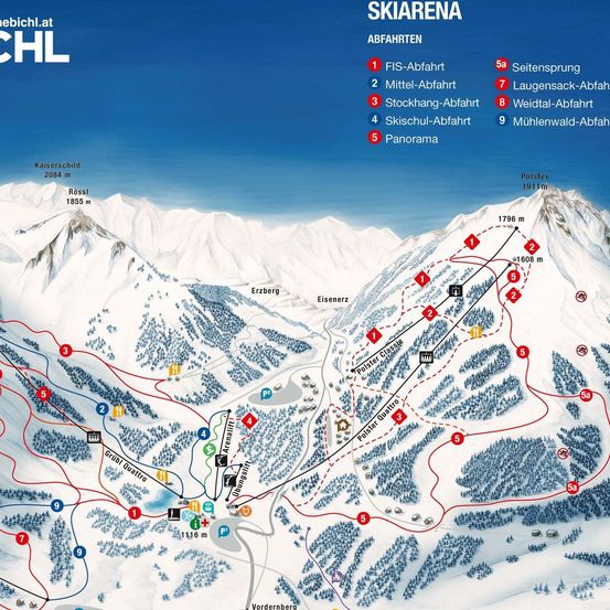 Eine Skigebietskarte mit verschiedenen Skiabfahrten und Pisten, gekennzeichnet durch Nummern und Namen. Die Karte enthält eine Legende und Höhenangaben.