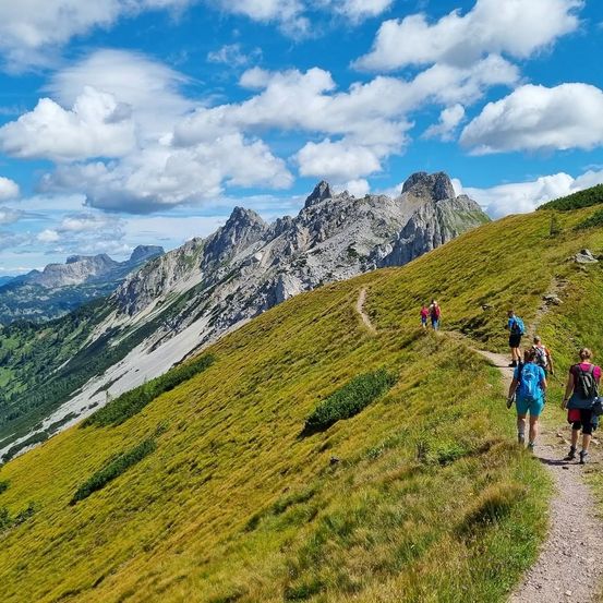 Eine Gruppe von Wanderern erklimmt einen grasbewachsenen Berghang unter einem blauen Himmel mit verstreuten Wolken. Der schmale Pfad führt zu einer felsigen Bergkette.